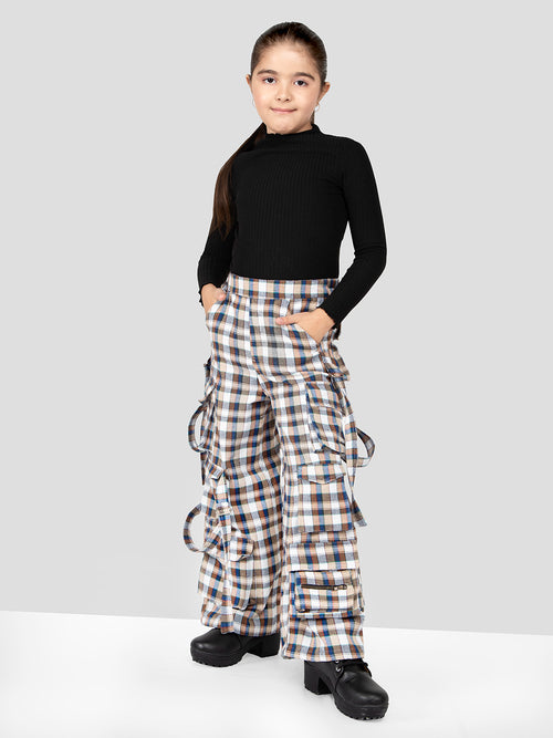 Girls Brown Checkered Comfort Fit Cargo Pants