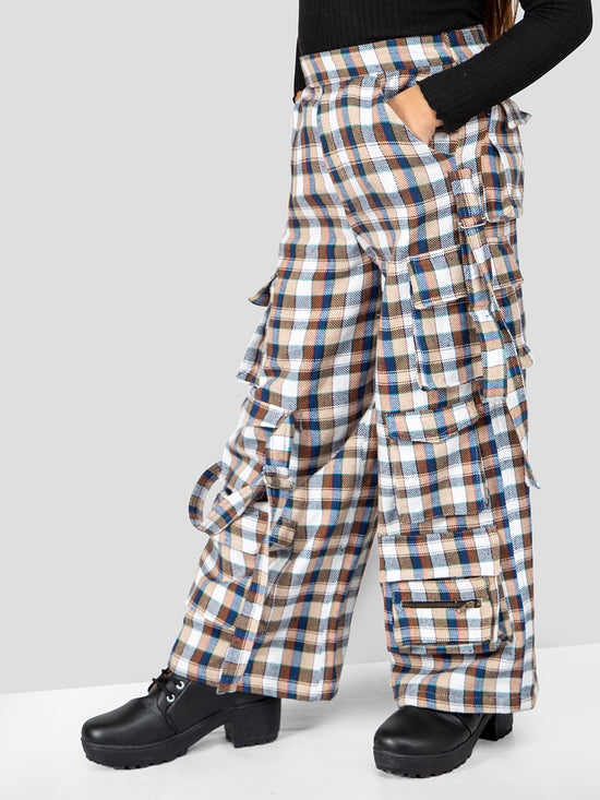 Girls Brown Checkered Comfort Fit Cargo Pants