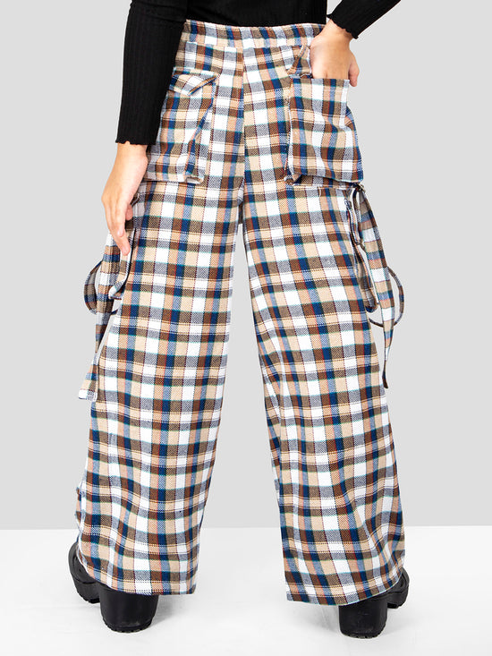 Girls Brown Checkered Comfort Fit Cargo Pants