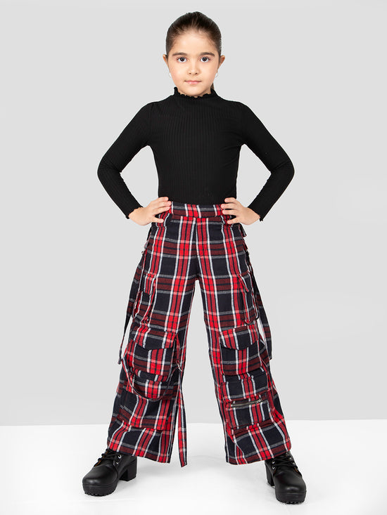 Girls Red Checkered Comfort Fit Cargo Pants