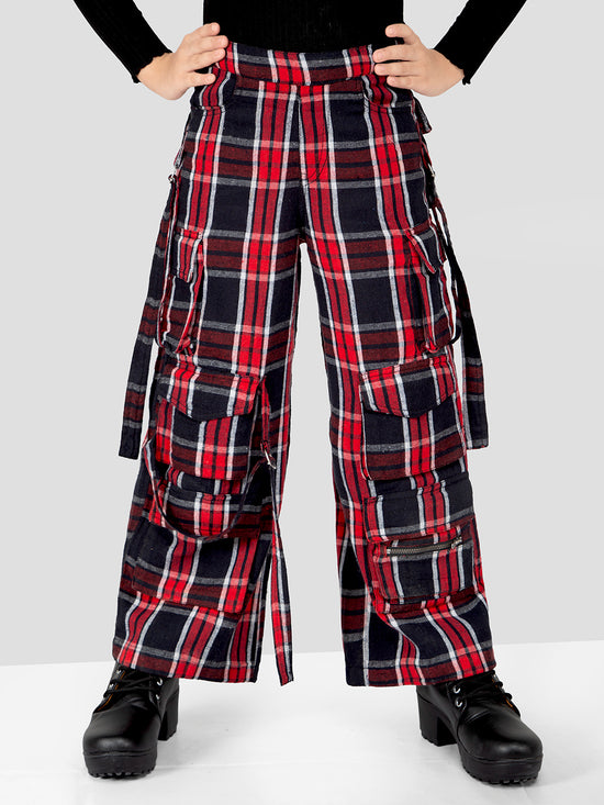 Girls Red Checkered Comfort Fit Cargo Pants