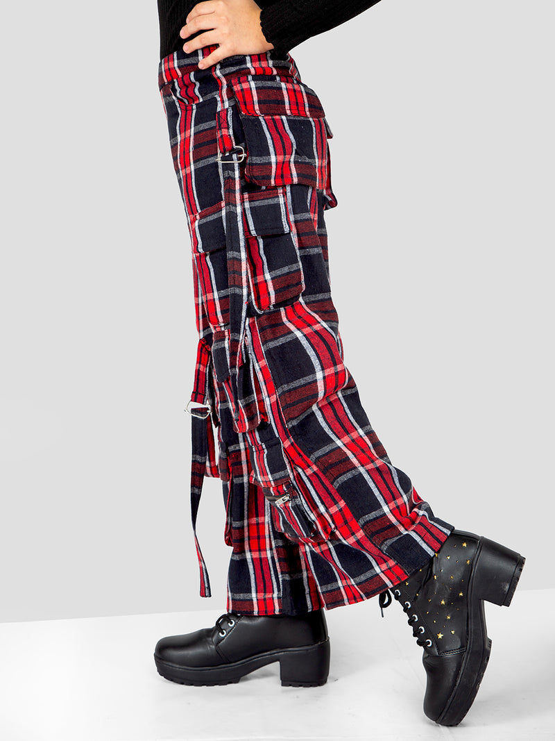 Girls Red Checkered Comfort Fit Cargo Pants