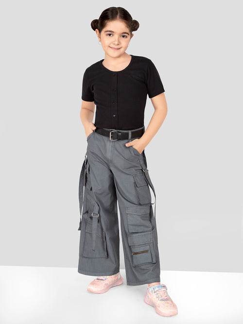 Girls Dark Grey Cotton Comfort Fit Cargo Pants