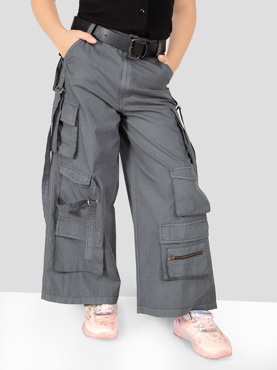 Girls Dark Grey Cotton Comfort Fit Cargo Pants