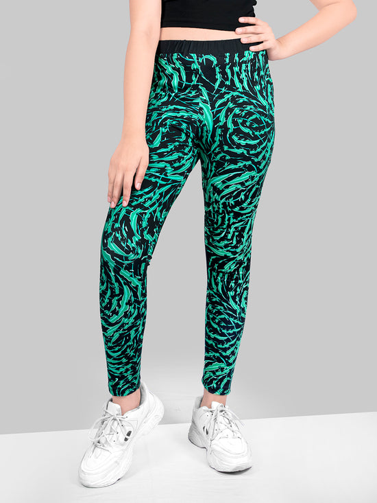 Girls Green Skinny Fit Fast-Dry Active Printed Jeggings