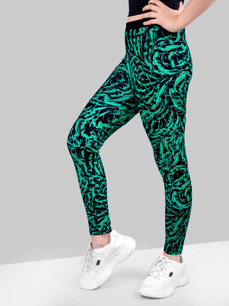 Girls Green Skinny Fit Fast-Dry Active Printed Jeggings