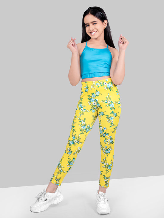 Girls Yellow Skinny Fit Fast-Dry Active Printed Jeggings