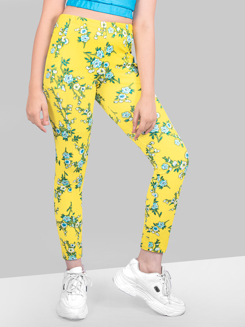 Girls Yellow Skinny Fit Fast-Dry Active Printed Jeggings