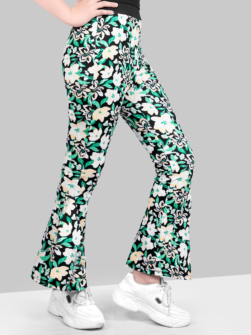 Girls Green Skinny Fit Fast-Dry Active Printed Flared Jeggings