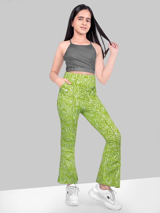 Girls Green Skinny Fit Fast-Dry Active Printed Flared Jeggings