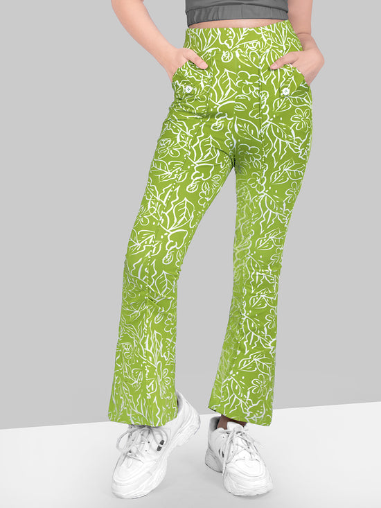 Girls Green Skinny Fit Fast-Dry Active Printed Flared Jeggings