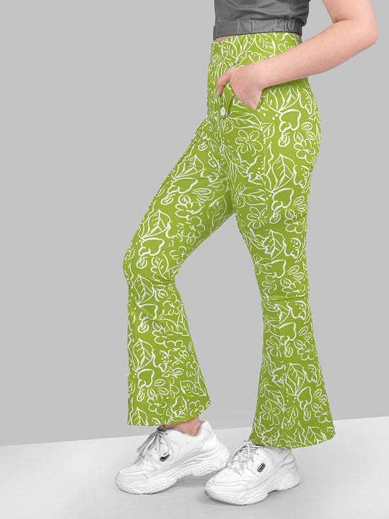 Girls Green Skinny Fit Fast-Dry Active Printed Flared Jeggings