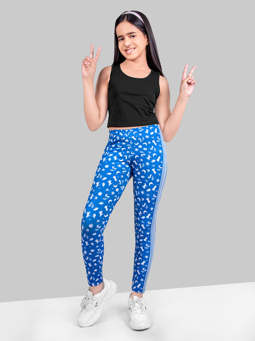 Girls Blue Skinny Fit Fast-Dry Active Printed Jeggings