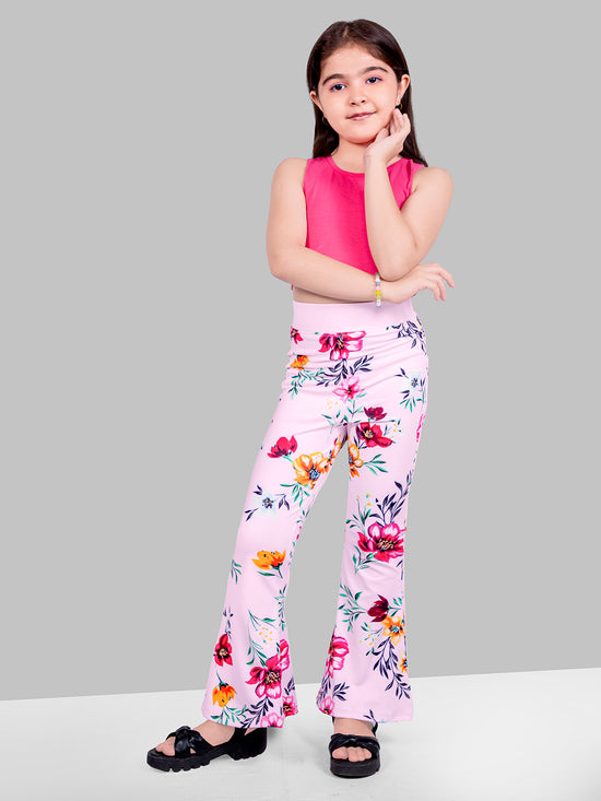 Girls Pink Floral Skinny Fit Fast-Dry Active Printed Flared Jeggings