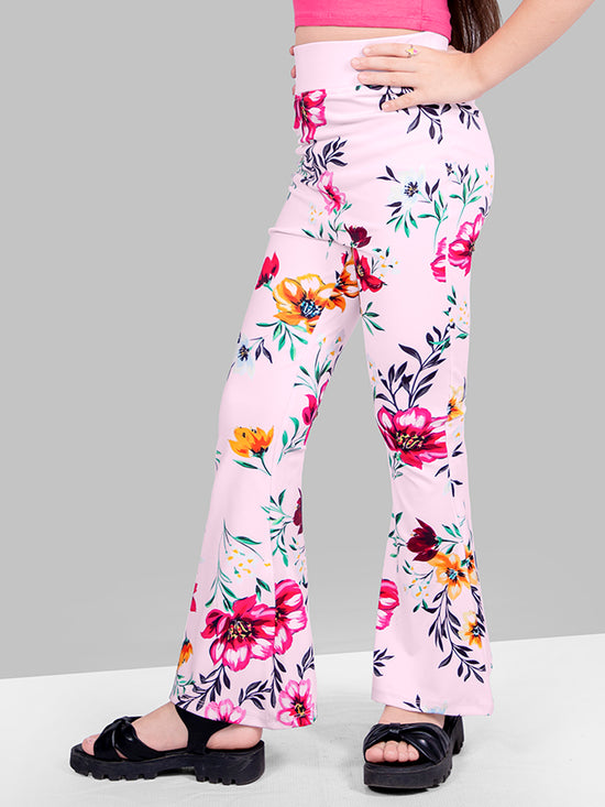 Girls Pink Floral Skinny Fit Fast-Dry Active Printed Flared Jeggings