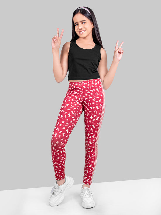 Girls Red Skinny Fit Fast-Dry Active Printed Jeggings