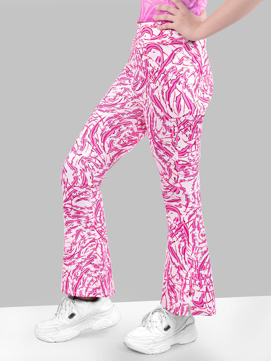 Girls Pink Skinny Fit Fast-Dry Active Printed Flared Jeggings