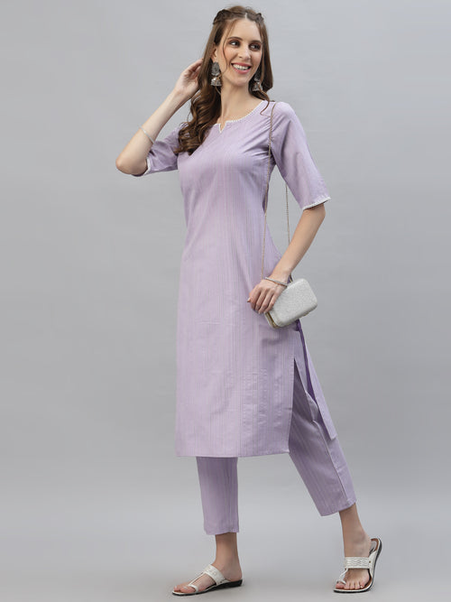 Women's Self Woven Striped Cotton Blend Straight Kurta Pant Set