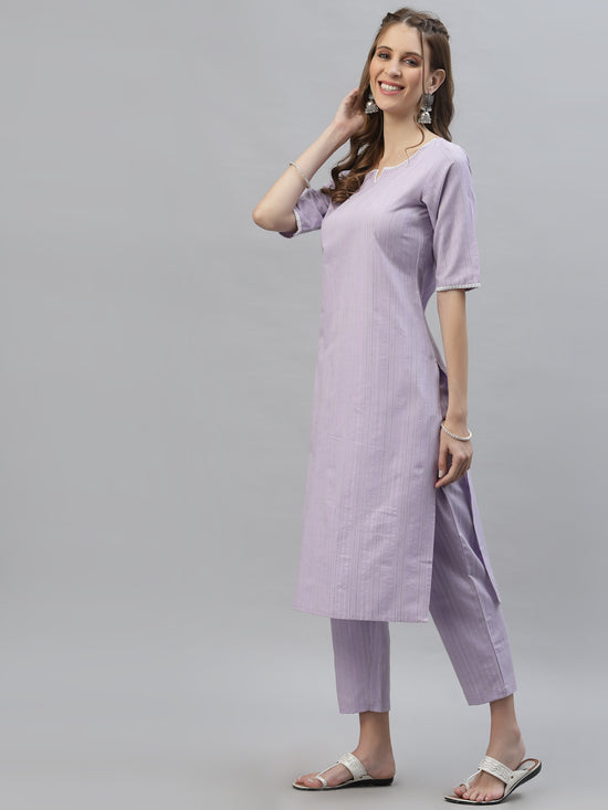 Women's Self Woven Striped Cotton Blend Straight Kurta Pant Set