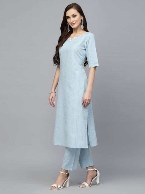 Women's Self Woven Striped Cotton Blend Straight Kurta Pant Set