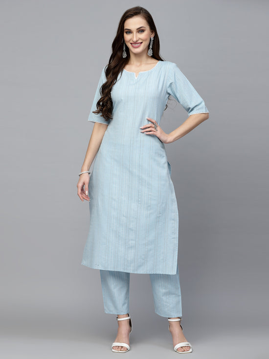 Women's Self Woven Striped Cotton Blend Straight Kurta Pant Set