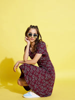 Girls Burgundy Floral Midi Skater Dress