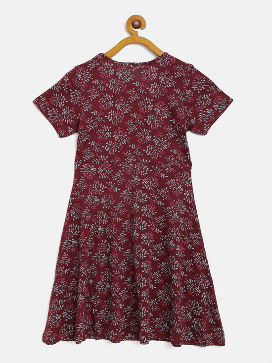 Girls Burgundy Floral Midi Skater Dress