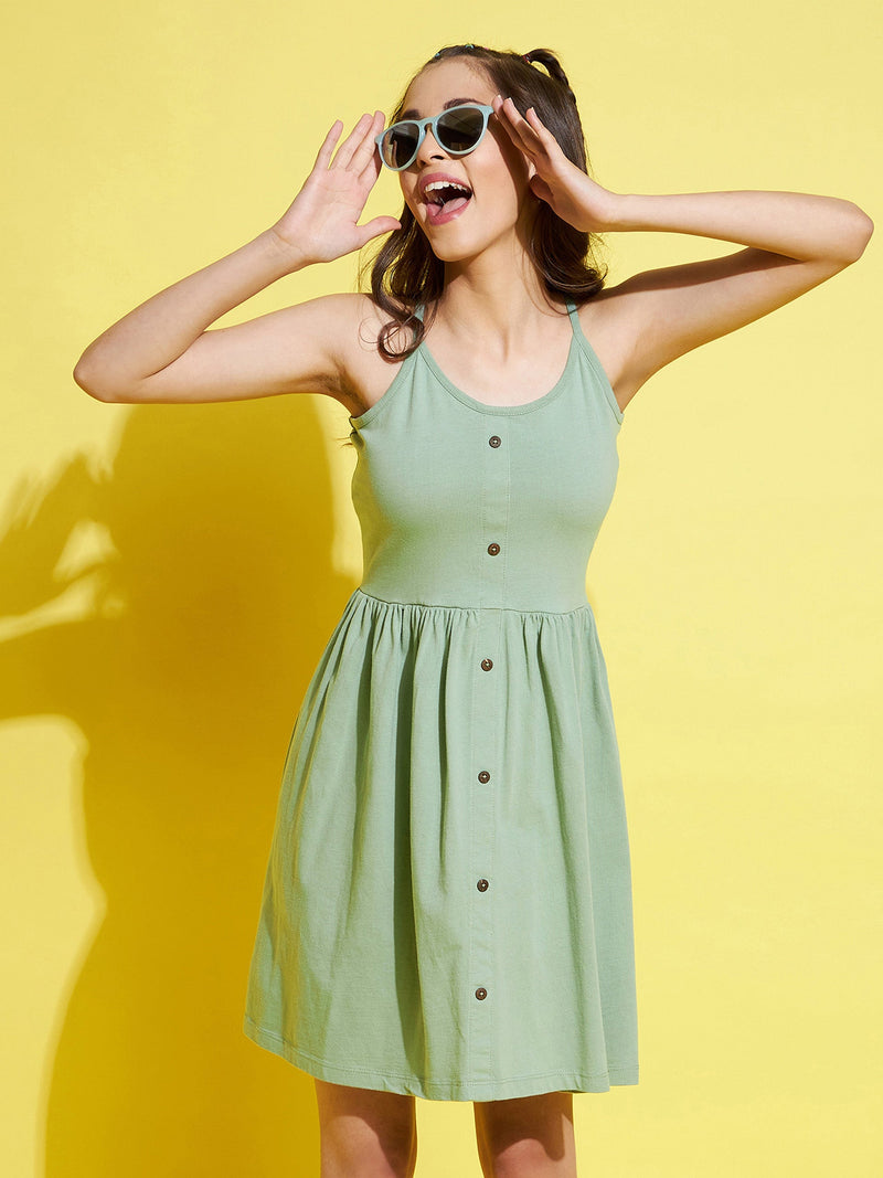 Girls Olive Front Button Strappy Dress