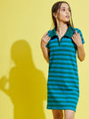 Girls Blue & Green Stripes Rib Polo Neck Dress