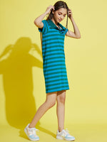 Girls Blue & Green Stripes Rib Polo Neck Dress