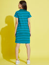 Girls Blue & Green Stripes Rib Polo Neck Dress