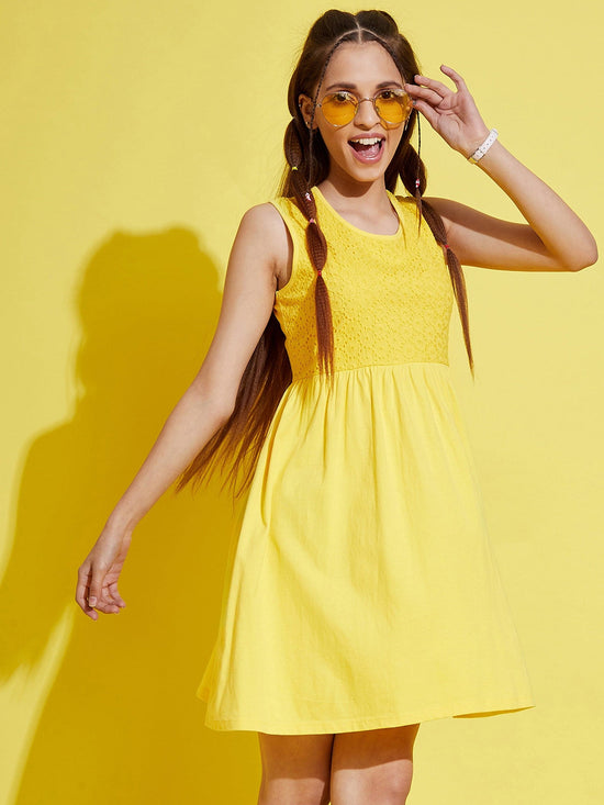 Girls Yellow Schiffli Gathered Dress