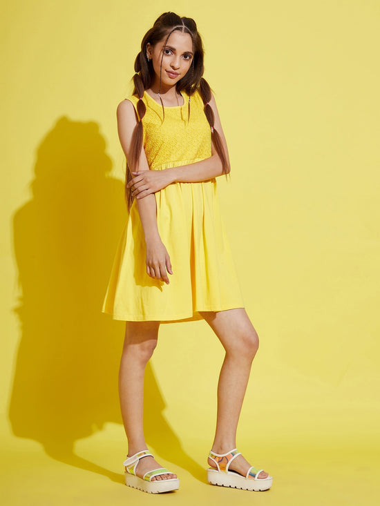 Girls Yellow Schiffli Gathered Dress