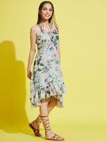 Girls Pista Green Floral Strappy High Low Dress