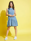 Girls Blue Tencel Contrast Thread Sleeveless Tiered Dress