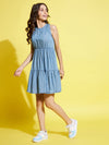 Girls Blue Tencel Contrast Thread Sleeveless Tiered Dress