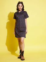 Girls Mustard & Blue Geometric Polo Neck Dress