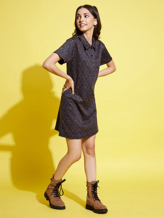 Girls Mustard & Blue Geometric Polo Neck Dress