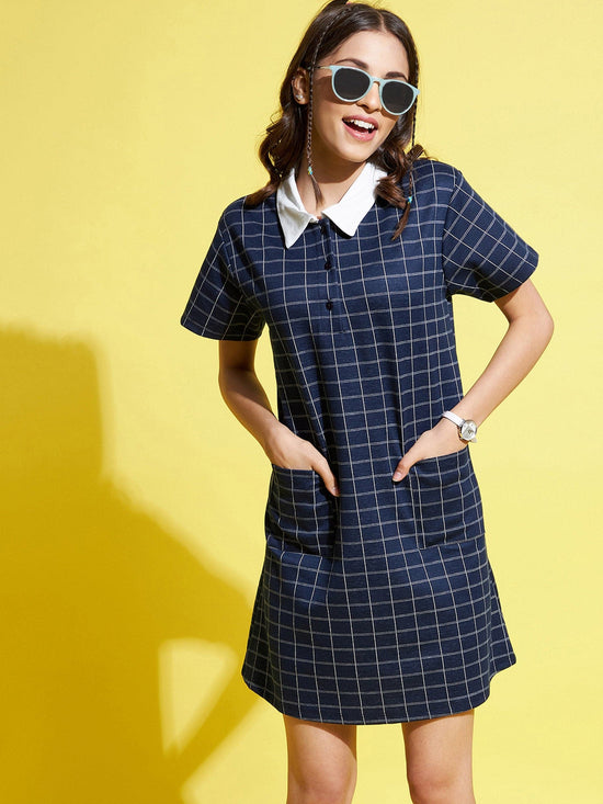 Girls Blue Check Polo Neck Dress