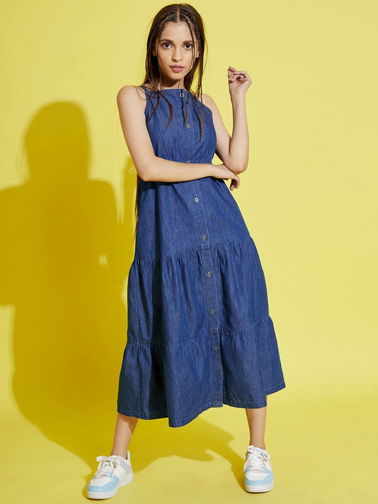 Girls Blue Tencel Front Button Tiered Strappy Dress