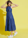 Girls Blue Tencel Front Button Tiered Strappy Dress