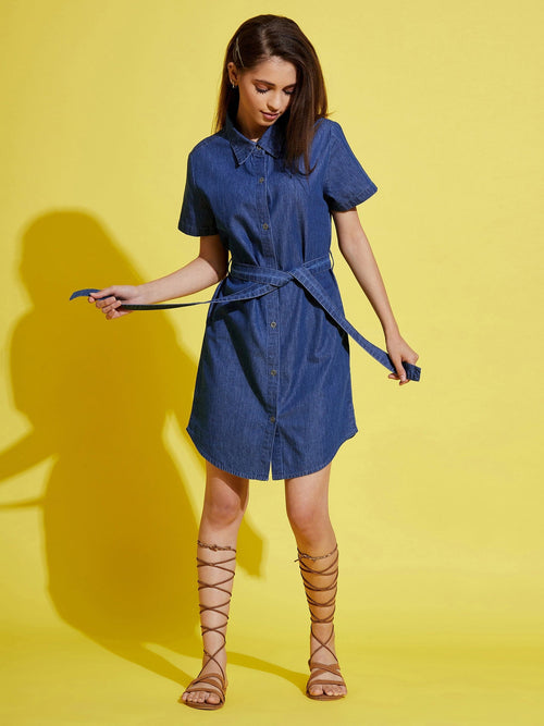 Girls Blue Tencel Front Button Shirt Dress