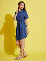 Girls Blue Tencel Front Button Shirt Dress