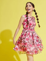 Girls Pink Organza Floral Gathered Dress