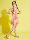 Girls Beige Multi Wave Stripes Mesh Gathered Dress