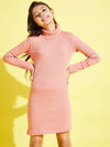 Girls Peach Full Sleeves High Neck Rib Dress