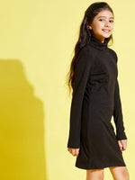 Girls Black Full Sleeves High Neck Rib Dress