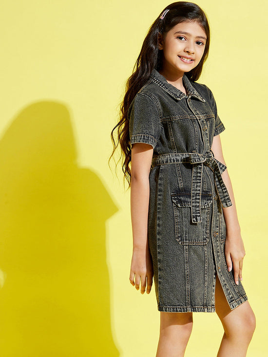 Girls Black Acid Wash Front Button Denim Shirt Dress