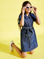 Girls Blue Front Button Denim Shirt Dress