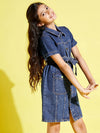 Girls Blue Front Button Denim Shirt Dress